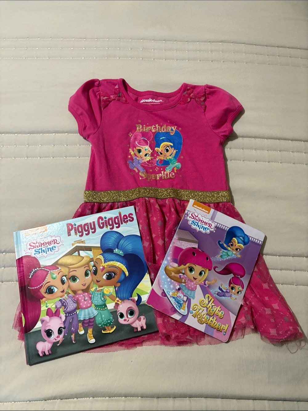 Nickelodeon Shimmer and Shine Hot Pink Graphic Birthday Dress and Book Bundle